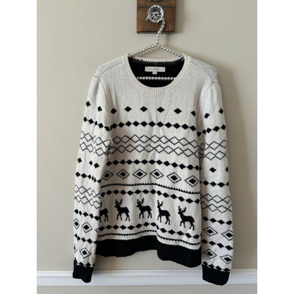 LOFT Womens Size Large Cream Sweater Black Reindeer Pattern Christmas Holiday